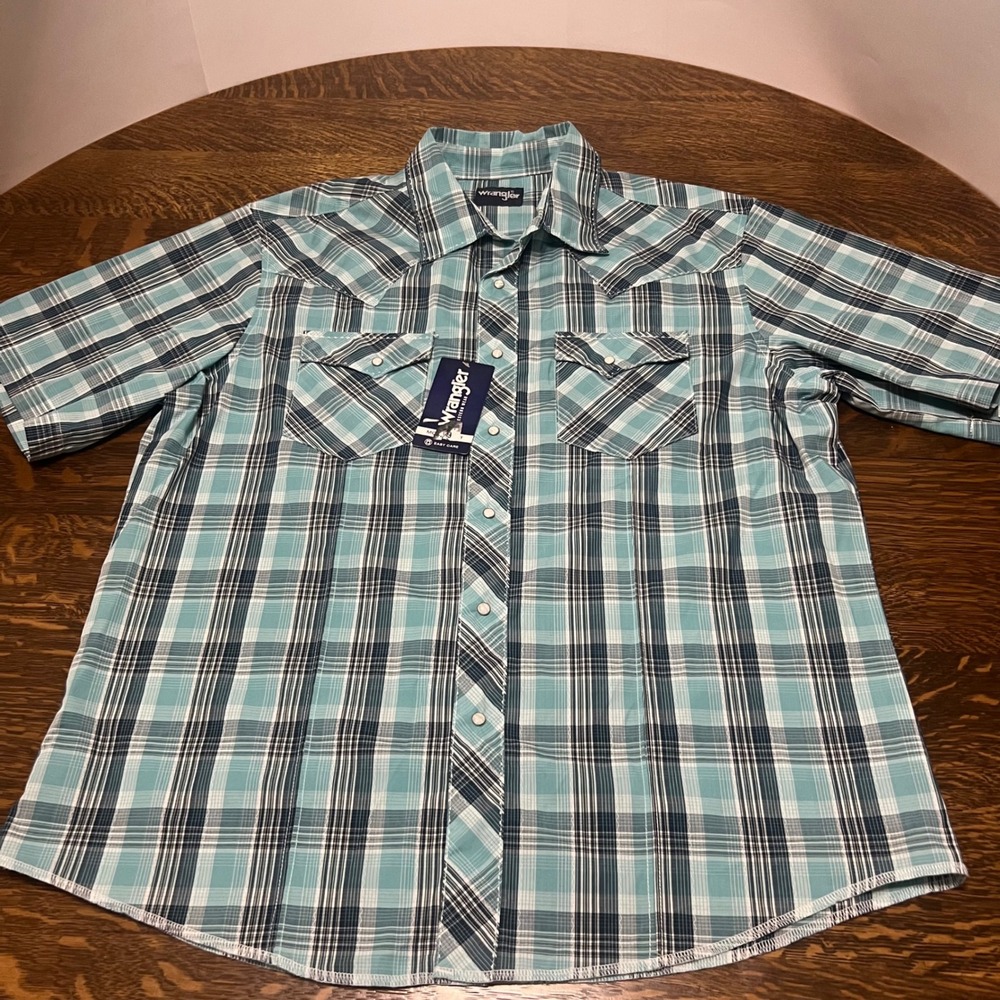 Wrangler Western Shirt Mens XL Teal Plaid Short Sleeve Pearl Snap Easy Care